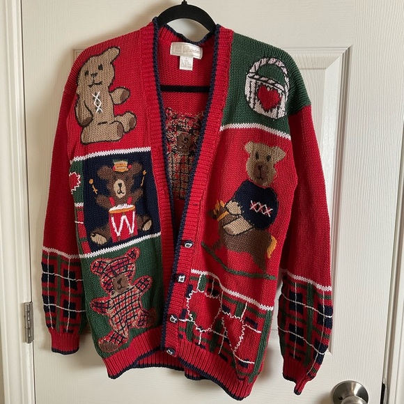 ID Distinction teddy bear and holiday motifs cardigan size small vintage 80’ - Picture 2 of 13